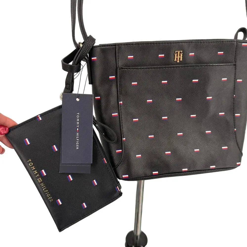 Tommy Hilfiger Women's BLACK Faux Leather Logo Crossbody Purse with Pouch NWT